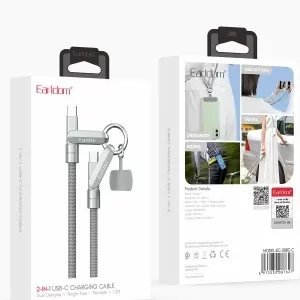 GümEarldom EC-208CC 1-Metre Samsung Xiaomi Redmi  Type-C to Type-C Ekstra Boyun Askısına Dönüşme Özellikli PD Hızlı Şarj Kablosu - Gümüş